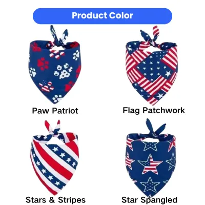 Patriotic Pet Bandana Color Options Four patriotic polyester pet bandana color options including Paw Patriot, Flag Patchwork, Stars & Stripes, and Star Spangled