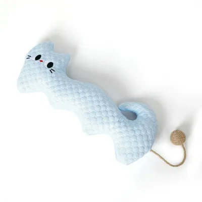 Blue cat-shaped cooling neck pillow toy with textured fabric and jute rope ball