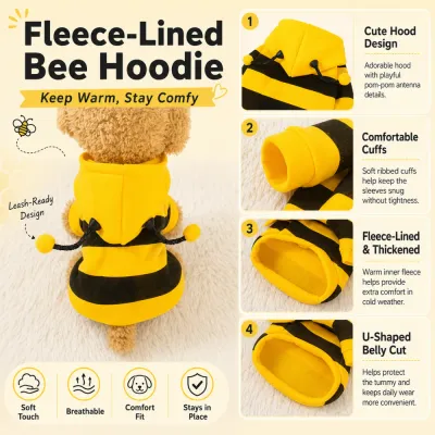 Fleece-lined bee dog hoodie with hood design, ribbed cuffs, warm lining, leash-ready opening, and U-shaped belly cut