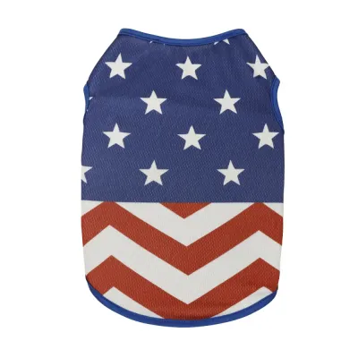 Blue red and white American flag dog vest with stars and stripe pattern on white background