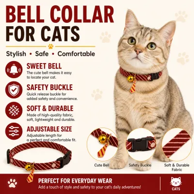 Cat Bell Collar with Safety Buckle for Everyday Wear Adjustable cat bell collar with safety buckle, soft durable fabric, and cute bell for everyday cat wear.