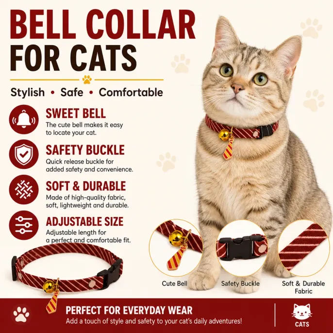 Adjustable cat bell collar with safety buckle, soft durable fabric, and cute bell for everyday cat wear.