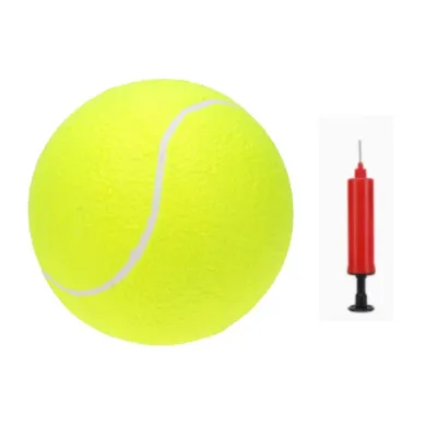green giant tennis ball dog toy with red air pump on white background