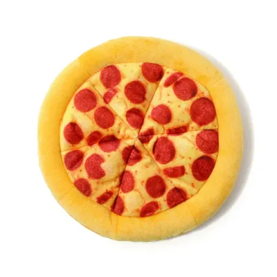 Yellow Dog Pizza Plush Toy Main Image Yellow pizza-shaped plush dog toy with pepperoni design on white background