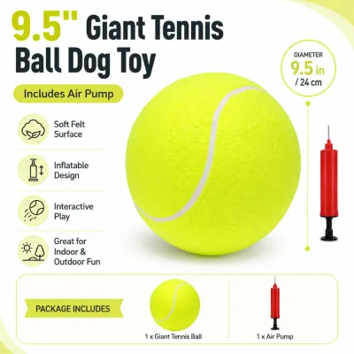 9.5 inch giant tennis ball dog toy with soft felt surface inflatable design and included air pump