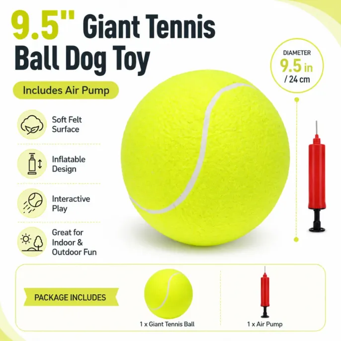 9.5 Inch Giant Tennis Ball Dog Toy with Air Pump 9.5 inch giant tennis ball dog toy with soft felt surface inflatable design and included air pump