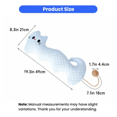 Cat cooling neck pillow toy size guide showing 19.3 inch length and rope ball details