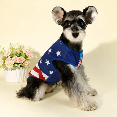 Patriotic Dog Vest for 4th of July Small schnauzer wearing blue red and white USA flag dog vest for Independence Day and summer celebrations