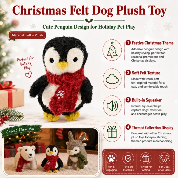 Christmas Felt Dog Plush Toy with Squeaker Christmas felt dog plush toy featuring a cute penguin design, soft felt texture, and built-in squeaker