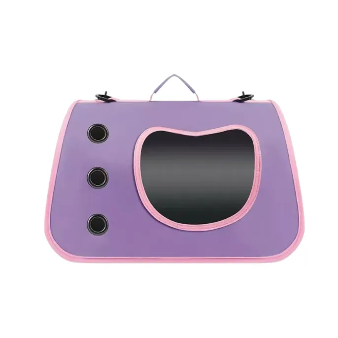 Purple Cat Carrier Bag Front View Purple breathable cat carrier bag with clear window and side ventilation holes on white background