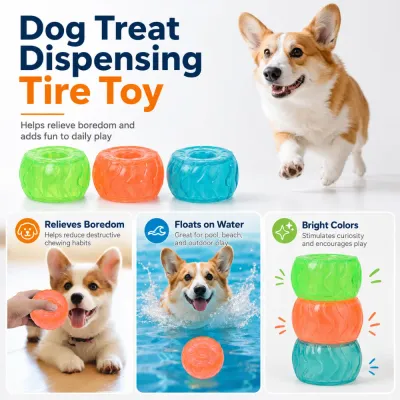 Interactive Dog Treat Dispensing Tire Toy Wholesale dog treat dispensing tire toy with floating design, bright colors, and boredom relief features