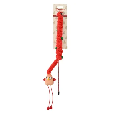 Christmas Red Plush Cat Teaser Wand Red Christmas plush cat teaser wand with bird charm and soft fuzzy body for cats