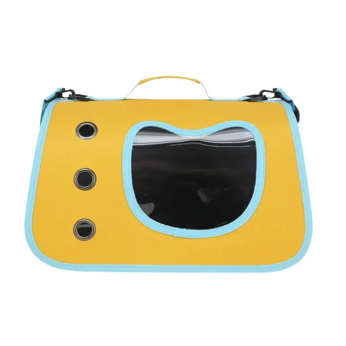 Yellow Cat Carrier Bag Front View Yellow portable cat carrier bag with blue trim, clear viewing window and breathable vents