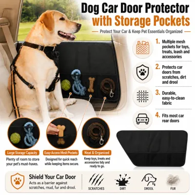 Dog car door protector with mesh storage pockets shown in a car with a dog, helping protect doors from scratches, dirt, drool and fur.