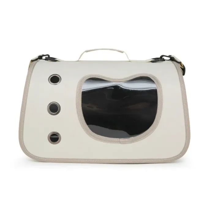 White Cat Carrier Bag Front View White breathable cat carrier bag with clear window, beige trim and side air vents
