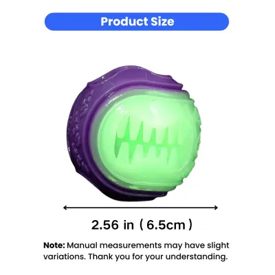 Product Size of Glow in the Dark Dog Treat Ball Glow in the dark dog treat ball measuring 2.56 inches or 6.5 cm
