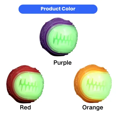 Product Color Options for Glow in the Dark Dog Treat Ball Glow in the dark dog treat ball available in purple, red and orange