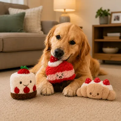 Dog Playing with Strawberry Dessert Plush Squeaky Toy Golden retriever playing with a strawberry dessert plush squeaky dog toy in a cozy living room