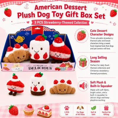 American Dessert Plush Dog Toy Gift Box Set Details American dessert plush dog toy gift box set with strawberry-themed designs, soft plush fabric, and built-in squeakers