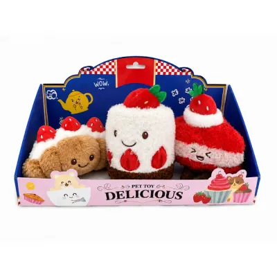 Wholesale Strawberry Dessert Plush Dog Toy Gift Box Set Wholesale strawberry dessert plush dog toy gift box set with three cute squeaky plush toys in retail display box