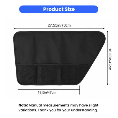 Black dog car door protector size chart showing 27.55 in width and 16.53 in height with mesh pockets.