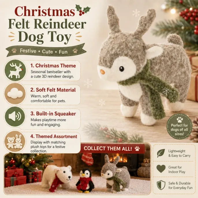 Christmas felt reindeer dog toy with soft felt material, built-in squeaker and festive holiday design