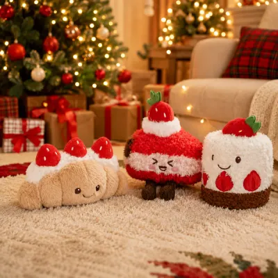 Christmas Strawberry Dessert Plush Dog Toys Display Strawberry dessert plush dog toys displayed in a Christmas living room with festive decorations and gift boxes