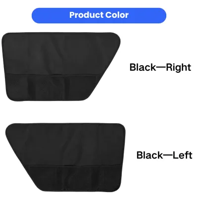 Black left and right dog car door protector options displayed with mesh storage pockets.