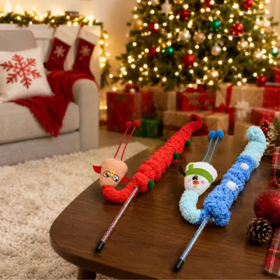 Christmas Cat Wand Toys in Holiday Living Room Red and blue Christmas plush cat teaser wand toys displayed in festive living room scene