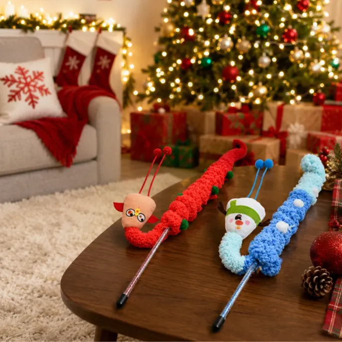 Christmas Cat Wand Toys in Holiday Living Room Red and blue Christmas plush cat teaser wand toys displayed in festive living room scene