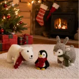 Dog Playing with Christmas Penguin Plush Toy Small dog playing with Christmas penguin plush dog toy in festive living room with tree and gifts