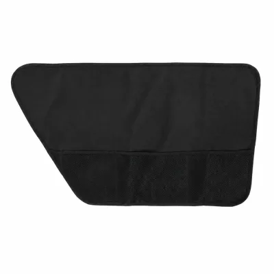 Black left-side dog car door protector with mesh storage pockets on a white background.