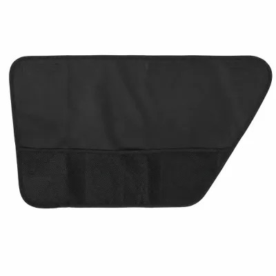 Black right-side dog car door protector with mesh storage pockets on a white background.