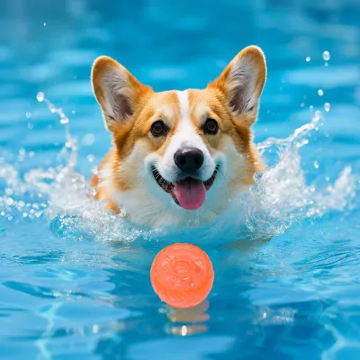Floating Dog Tire Toy for Pool Play Corgi playing in the pool with an orange floating dog treat dispensing tire toy