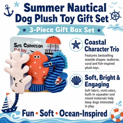 Coastal character dog plush toy trio with seahorse, coral and fish designs, squeaker and soft fabric