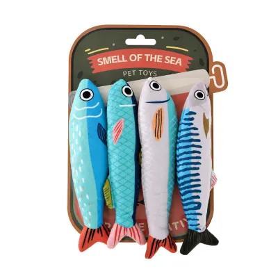 White background image of 4 pcs summer ocean plush fish cat toy set with retail packaging for wholesale pet stores.