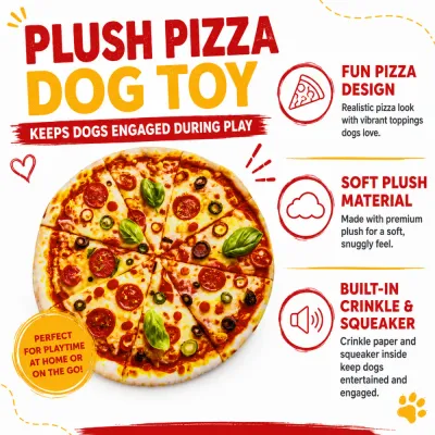 Squeaky Plush Pizza Dog Toy Features Plush pizza dog toy with soft material, crinkle paper and built-in squeaker
