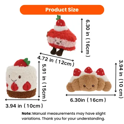 Strawberry Dessert Plush Dog Toy Set Size Guide Strawberry dessert plush dog toy set with cake and bread designs, showing size details for three toys