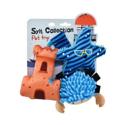 Sylt Collection 3-piece summer nautical dog plush toy gift set with sandcastle, starfish and crab designs in retail packaging