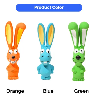 Latex Dog Toy Color Options Orange Blue Green Product color chart showing orange, blue and green latex long-ear dog toys