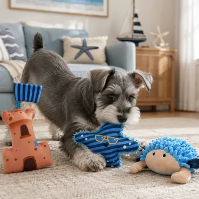Small dog playing indoors with blue starfish plush toy from Sylt Collection nautical dog plush toy gift set
