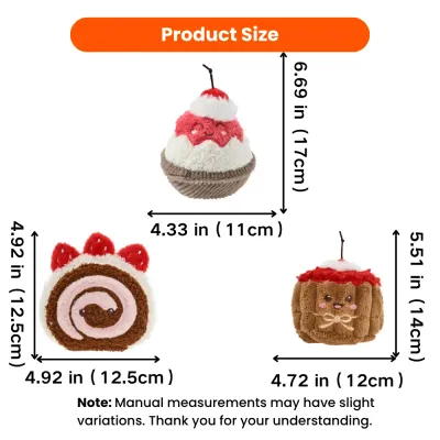 Size chart for strawberry dessert plush dog toys including cake, bread and cupcake designs
