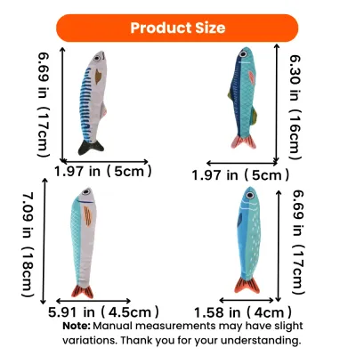 Size chart for 4 pcs summer ocean plush fish cat toy set with soft fabric and crinkle paper design.