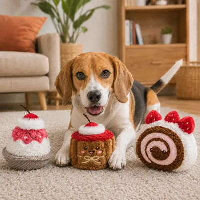 Beagle dog playing indoors with strawberry dessert plush dog toys on a living room rug