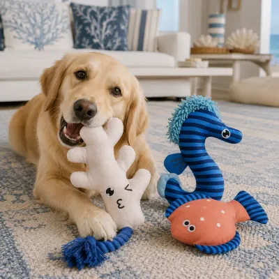 Golden retriever playing indoors with summer nautical dog plush toys including coral, seahorse and fish