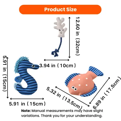 Size chart for summer nautical dog plush toy set including seahorse, coral rope toy and fish plush toy