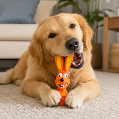 Dog Playing with Orange Latex Squeaky Toy Indoors Golden retriever chewing orange long-ear latex squeaky dog toy in an indoor home scene