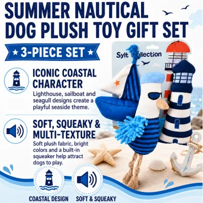 Coastal dog plush toy set with lighthouse, sailboat and seagull designs and built-in squeaker