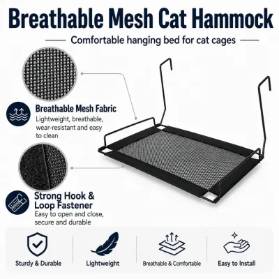 Breathable mesh cat hammock with durable fabric, strong hook and loop fastener, lightweight hanging design