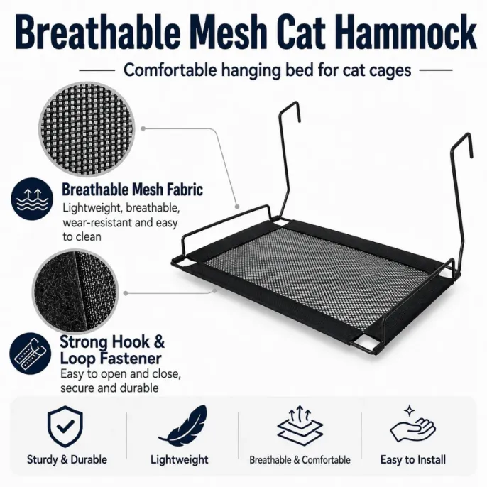 Breathable Mesh Cat Hammock Features Breathable mesh cat hammock with durable fabric, strong hook and loop fastener, lightweight hanging design